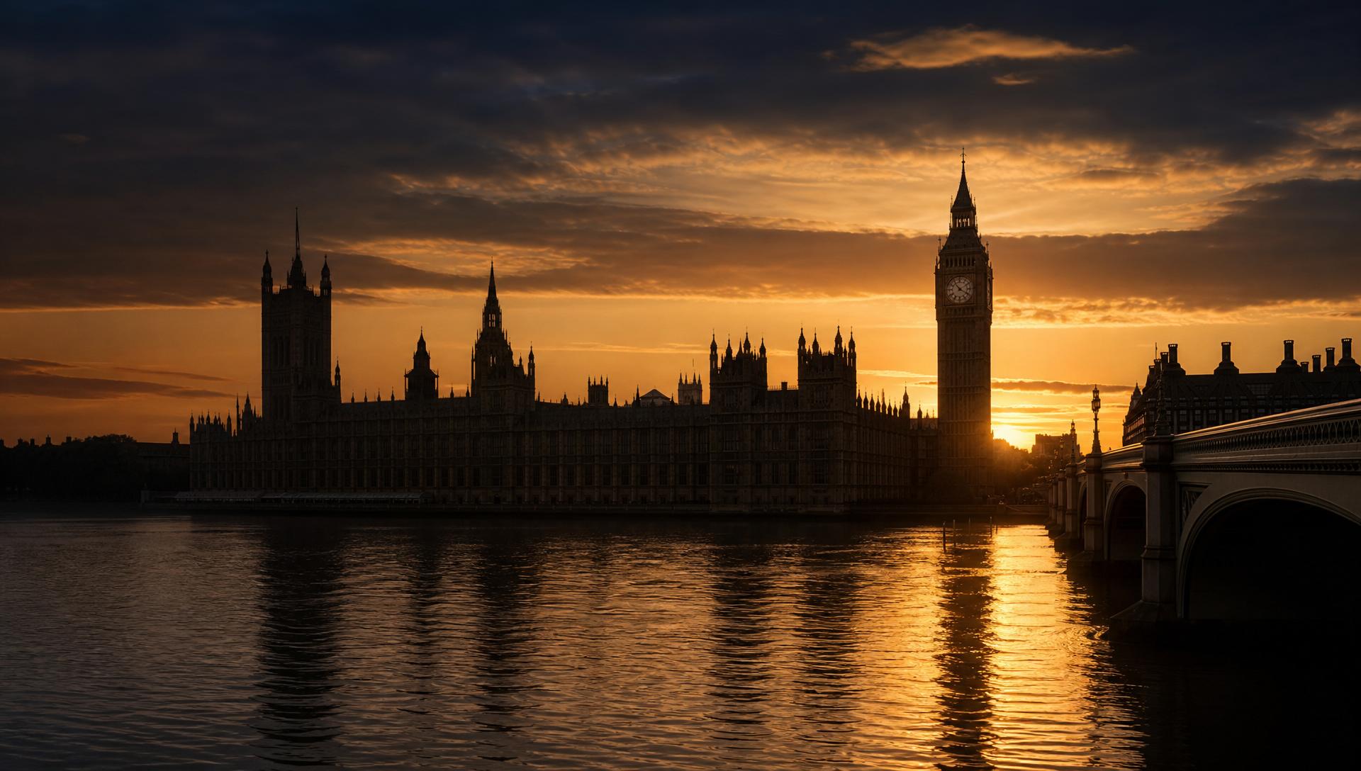London skyline at sunset with Big Ben and the Houses of Parliament